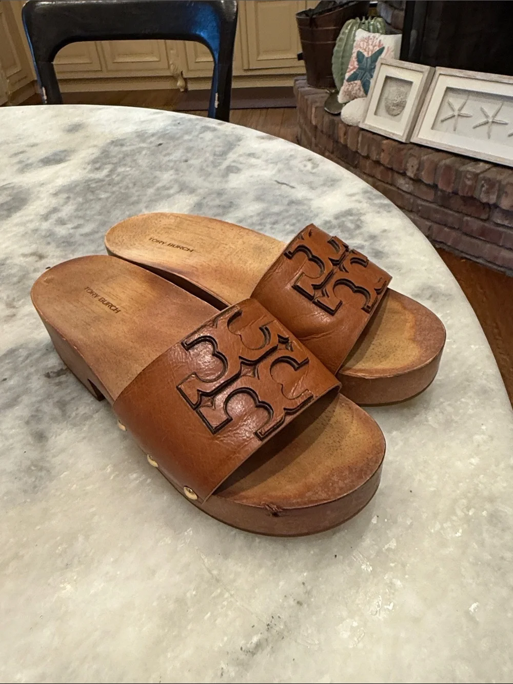 Tory Burch Tan Leather Ines Clog Slide with Logo